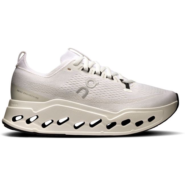 Lateral side of Women's On Running Cloudsurfer Max Cushioned Running Shoe in All White