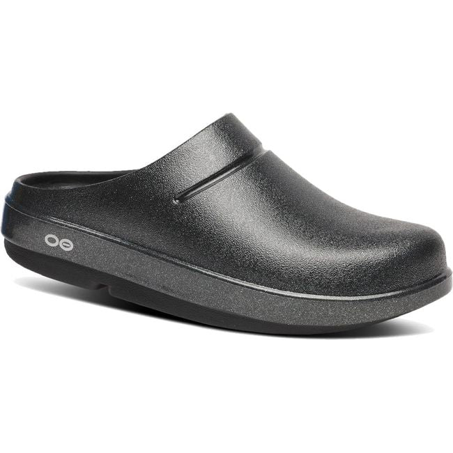 Front angled view of OOfos Women's OOcloog Luxe Clog in Black Sparkle