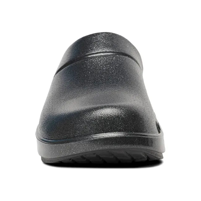 Front of OOfos Women's OOcloog Luxe Clog in Black Sparkle