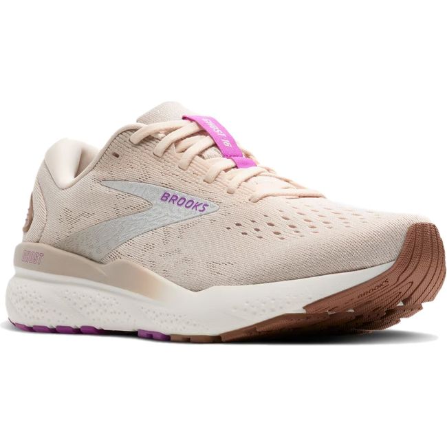 Front angled view of Brooks Women's Ghost 16 Running Shoe in almond peach