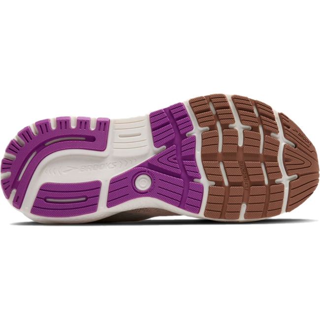Sole of Brooks Women&#39;s Ghost 16 Running Shoe in almond peach with purple and brown tread