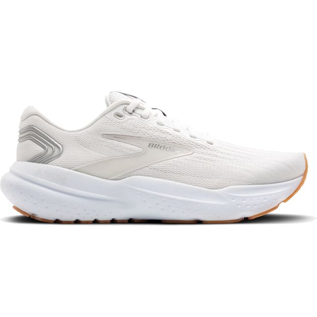 Lateral side of White Brooks Women's Glycerin 21 Running Shoe with tan tread on sole