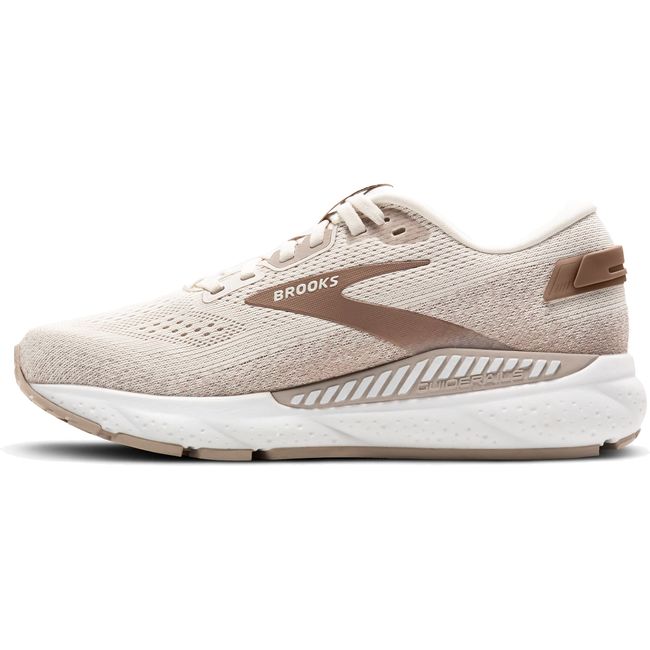 Medial side of Womens Brooks Ariel GTS 24 Running Shoe. Coconut color with white sole and Guiderail
