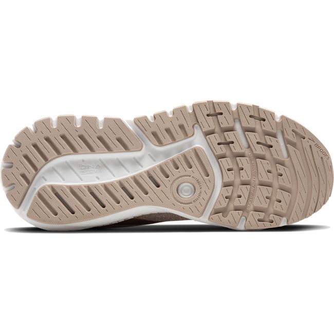 Sole of Womens Brooks Ariel GTS 24 Running Shoe. Coconut upper color with white sole and tan tread