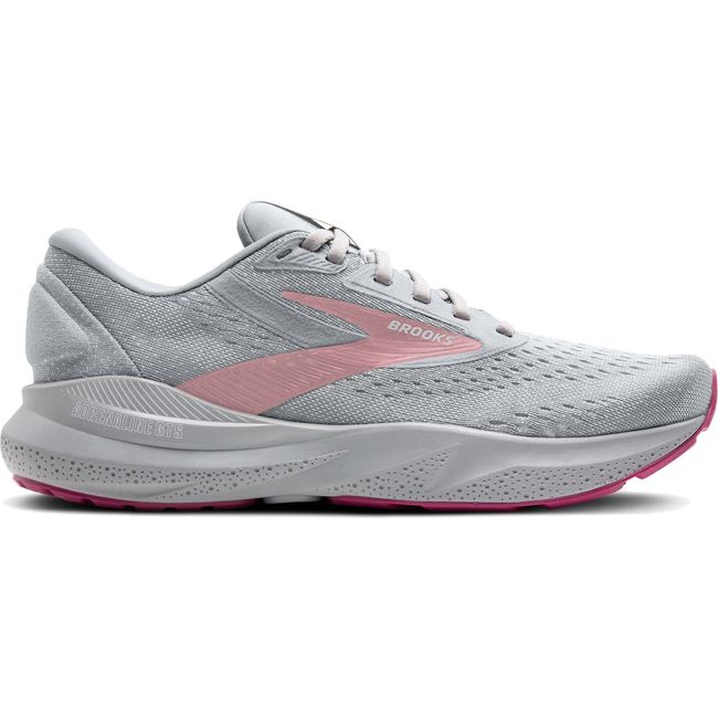 Lateral side of Brooks Adrenaline GTS 24 Running Shoe, Grey with Pink Accents