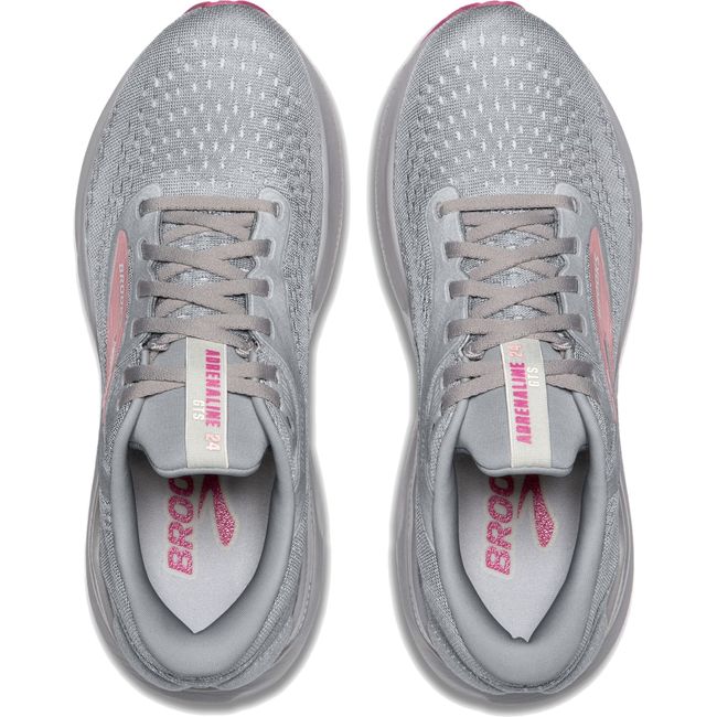 Top-down view of a pair of Brooks Adrenaline GTS 24 Running Shoes, Grey with Pink Accents