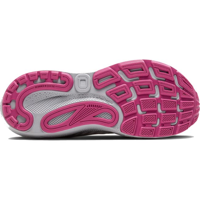 Sole view of Brooks Adrenaline GTS 24 Running Shoes, Grey with Pink Accents