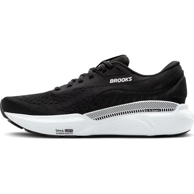 Medial Side of Brooks Adrenaline GTS 24 Running Shoe in Black/White showing GuideRail motion control