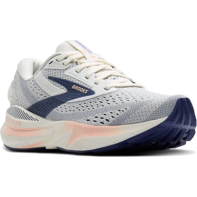Angled view of Brooks Women's Adrenaline GTS 24 Road Running Shoes in Grey, Blue Ribbon, Peach