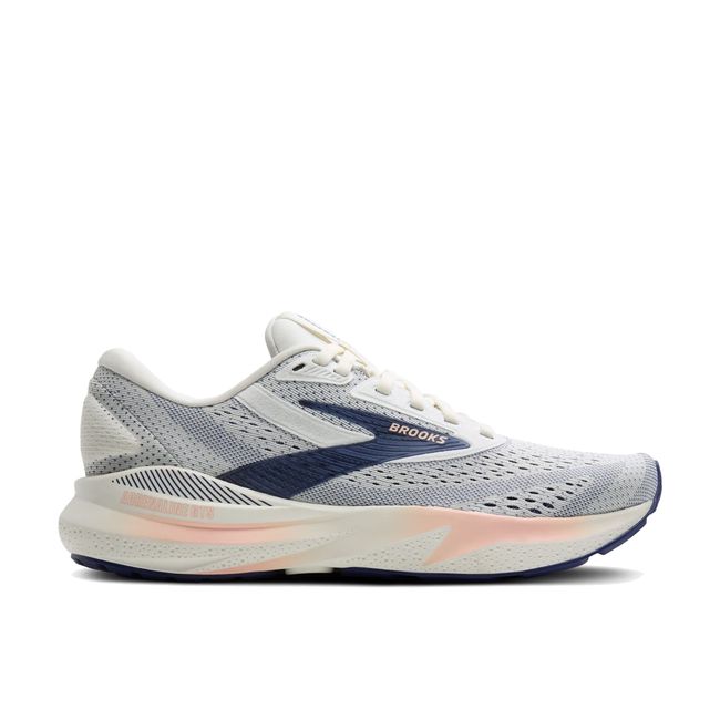 Lateral side of Brooks Women's Adrenaline GTS 24 Road Running Shoes in Grey, Blue Ribbon, Peach