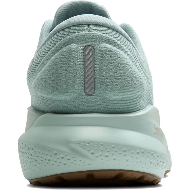 Heel view of Brooks Adrenaline GTS 24 women's running shoe in light blue with subtle tan accents
