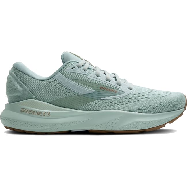 Lateral side of Brooks Adrenaline GTS 24 women's running shoe in light blue with subtle tan accents