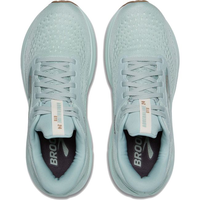 Heel view of Brooks Adrenaline GTS 24 women's running shoe in light blue with subtle tan accents