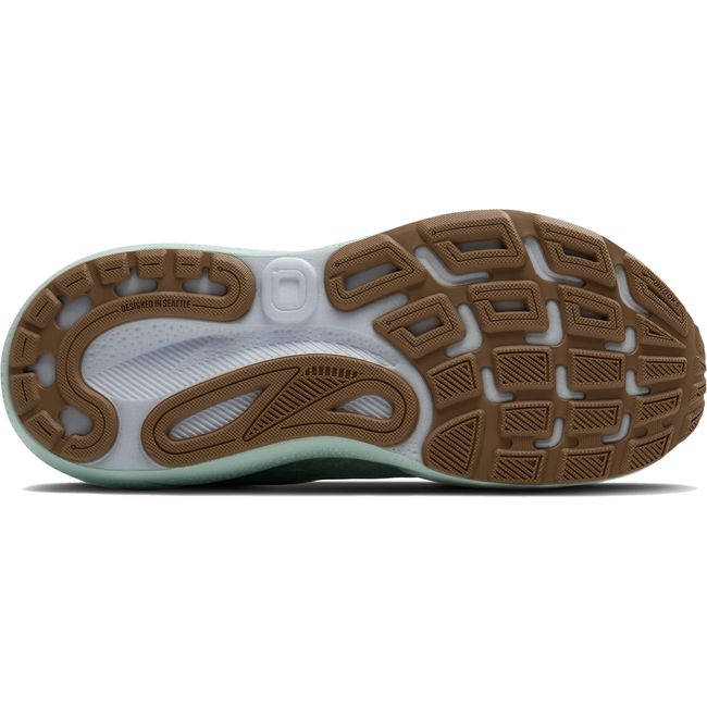 Sole view of Brooks Adrenaline GTS 24 women's running shoe in light blue with tan tread