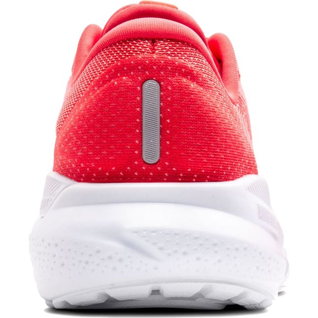 Heel view of Brooks Adrenaline GTS 24 running shoe in red with white and light purple sole