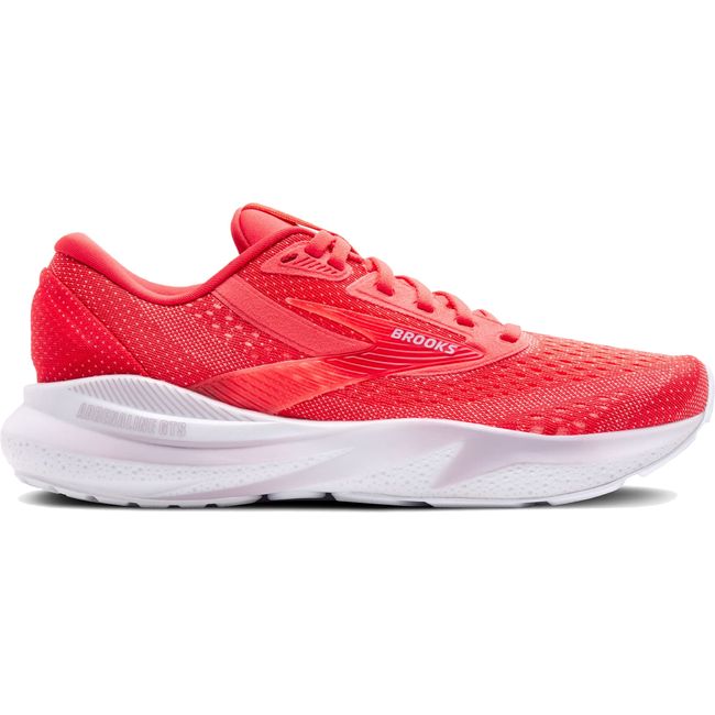 Lateral side of Brooks Adrenaline GTS 24 running shoe in red with white and light purple sole