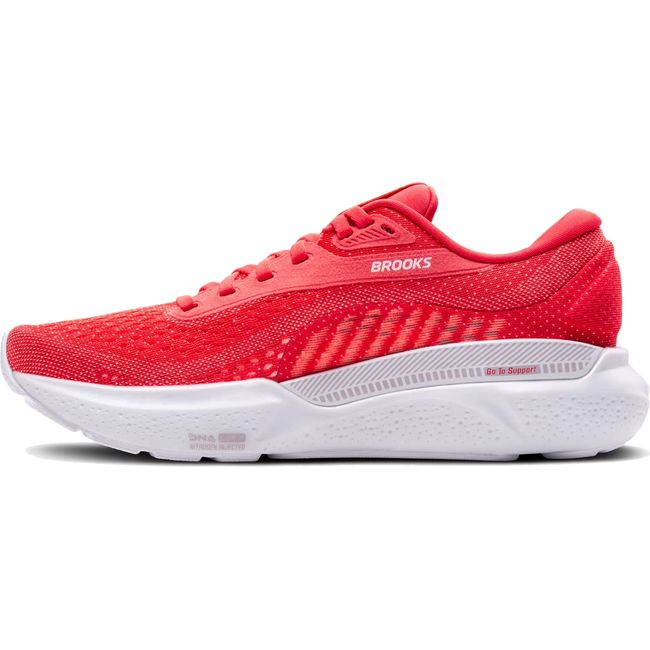Medial side of Brooks Adrenaline GTS 24 running shoe in red with white sole showing GuideRail