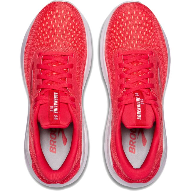 Top-down view of Brooks Adrenaline GTS 24 running shoe in red with white and light purple sole
