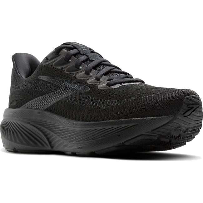Front angled view of Women's Brooks Ghost 17 Running Shoe in all Black Black Ebony