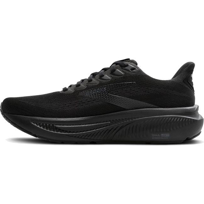 Medial side of Women's Brooks Ghost 17 Running Shoe in all Black Black Ebony