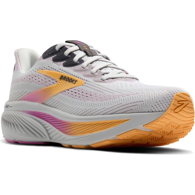 Front angled view of Women's Brooks Ghost 17 Running Shoe in Oyster Apricot Pink