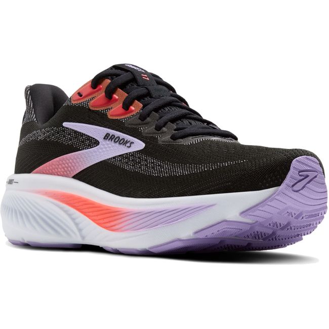 Front angled view of Brooks Women's Ghost 17 Running Shoe in Black, Purple, and Coral Pink