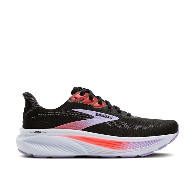 Lateral side of Brooks Women's Ghost 17 Running Shoe in Black, Purple, and Coral Pink