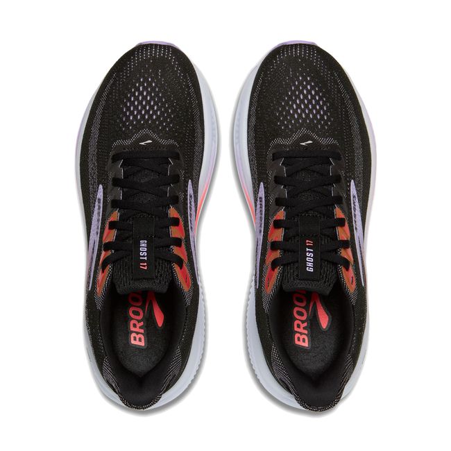 Mesh upper of Brooks Women's Ghost 17 Running Shoe in Black, Purple, and Coral Pink