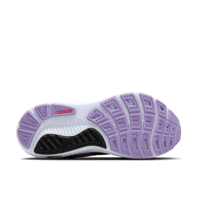 White sole of Brooks Women's Ghost 17 Running Shoe in Black, Purple, and Coral Pink