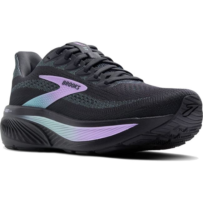 Front angled view of Women's Brooks Ghost 17 Running Shoe in Grey and Clearwater Purple