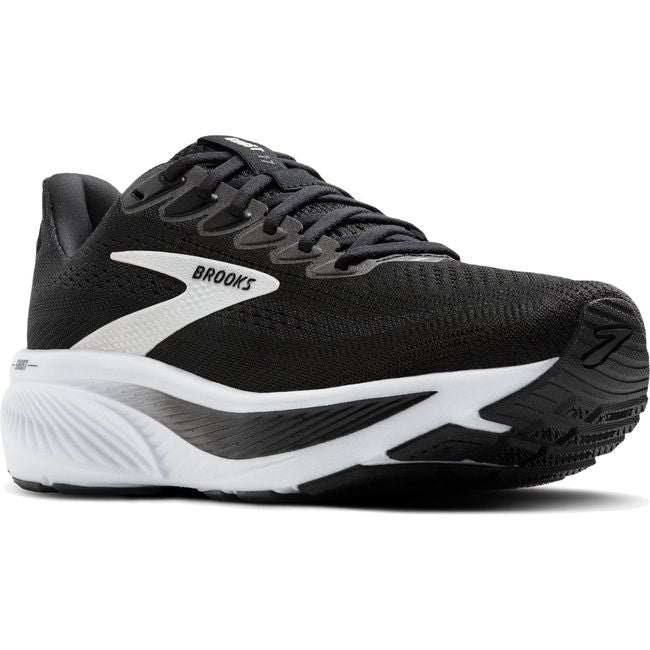 Front angled view of Women's Brooks Ghost 17 Running Shoe in Black, Grey, and White