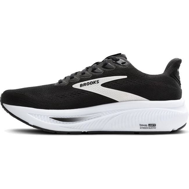 Medial side of Women's Brooks Ghost 17 Running Shoe in Black, Grey, and White