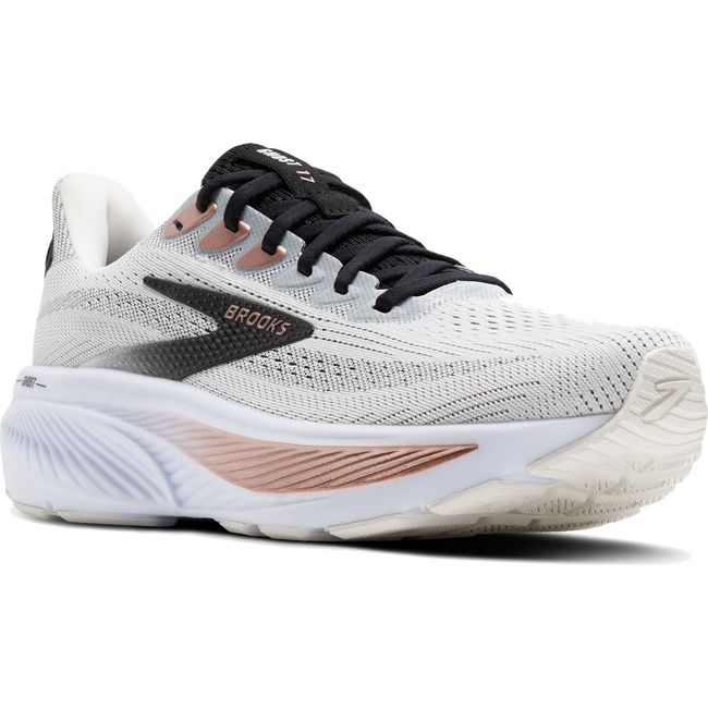 Front angled view of Womens Brooks Ghost 17 Running Shoe in White, Black, and Rose Gold