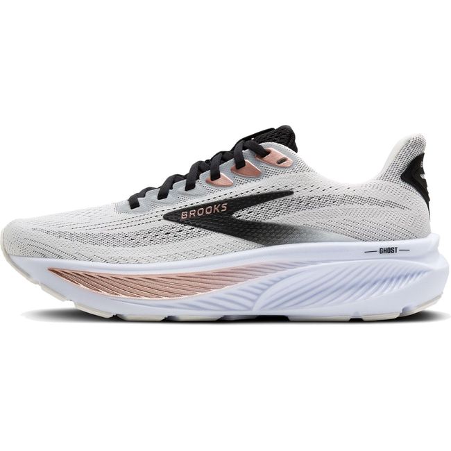 Medial side of Womens Brooks Ghost 17 Running Shoe in White, Black, and Rose Gold