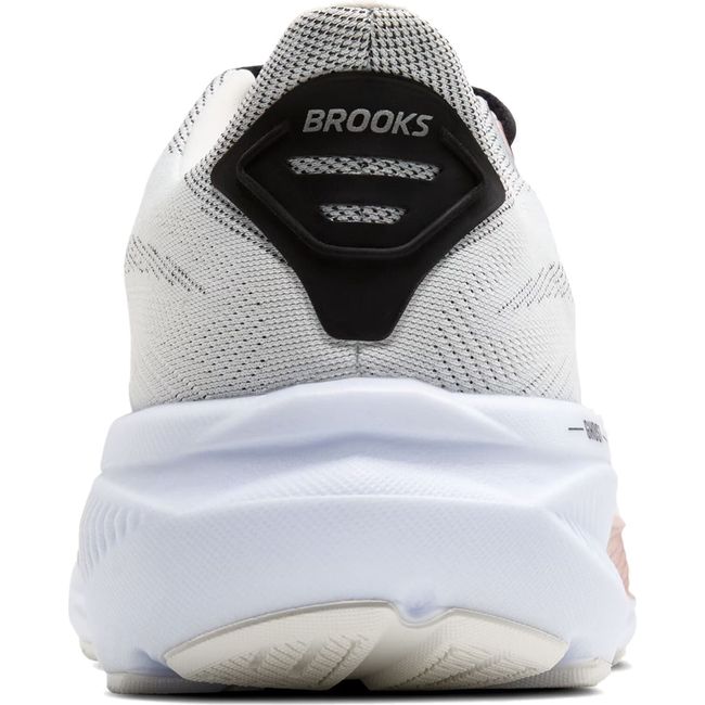 Heel of Womens Brooks Ghost 17 Running Shoe in White, Black, and Rose Gold