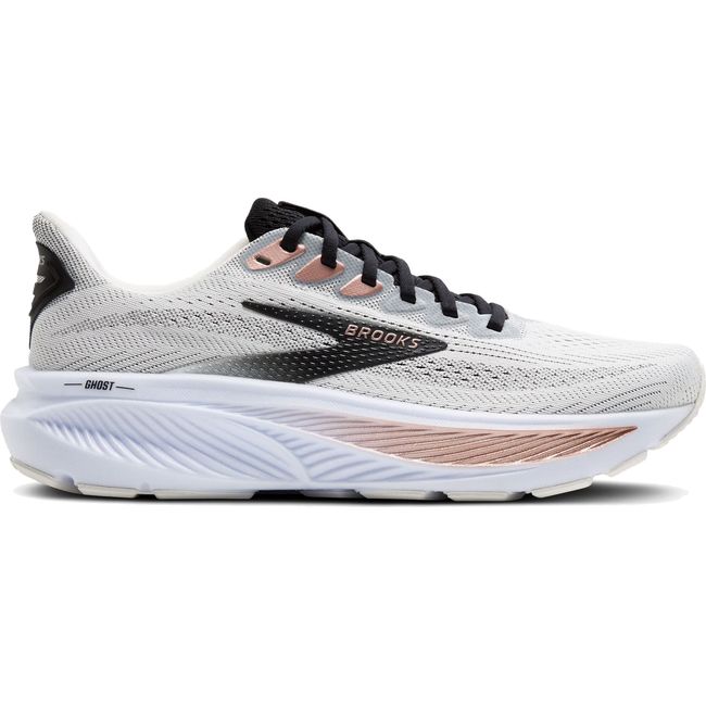 Lateral side of Womens Brooks Ghost 17 Running Shoe in White, Black, and Rose Gold