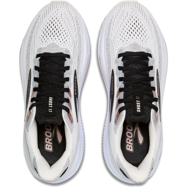 Upper of Womens Brooks Ghost 17 Running Shoes in White, Black, and Rose Gold