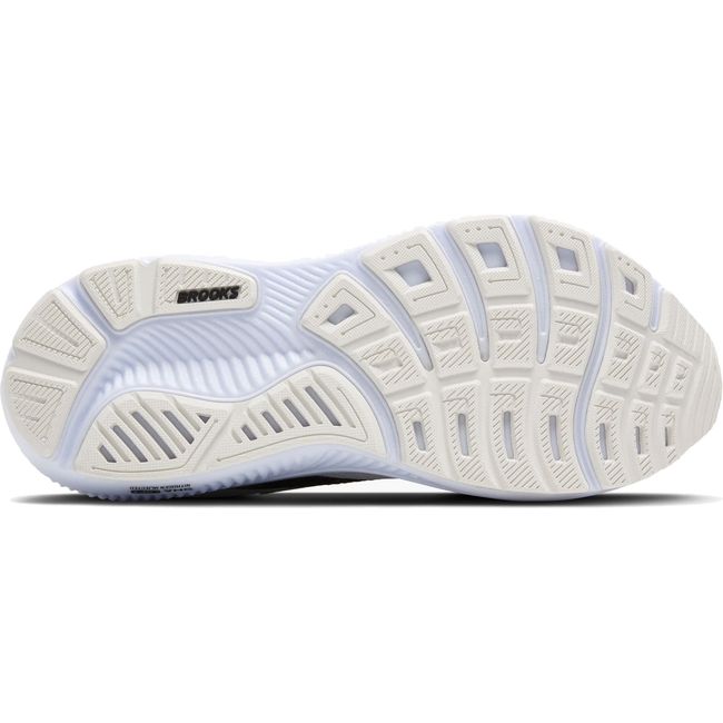 Sole of Womens Brooks Ghost 17 Running Shoe in White, Black, and Rose Gold