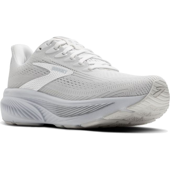 Front angled view of Women's Brooks Ghost 17 Running Shoe in Gray and White