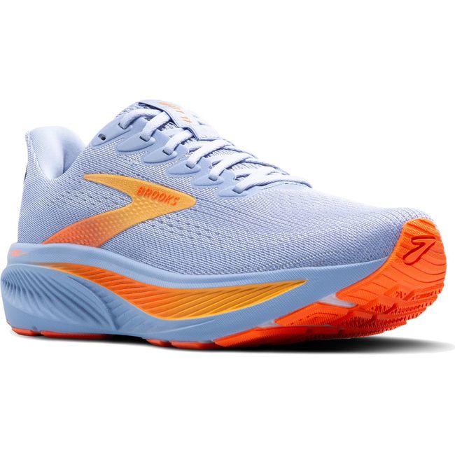 Front angled view of Women's Brooks Ghost 17 Running Shoe in Blue Heron White Orange
