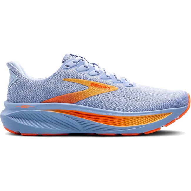 Lateral side of Women's Brooks Ghost 17 Running Shoe in Blue Heron White Orange