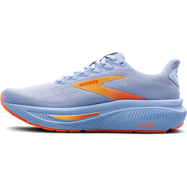 Medial side of Women's Brooks Ghost 17 Running Shoe in Blue Heron White Orange