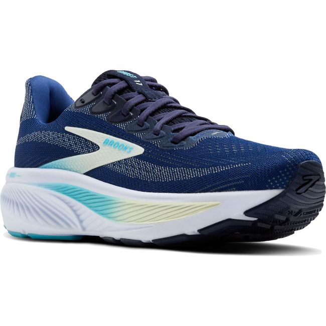 Front angled view of Women's Brooks Ghost 17 Running Shoe in Navy, Green, and Turquoise