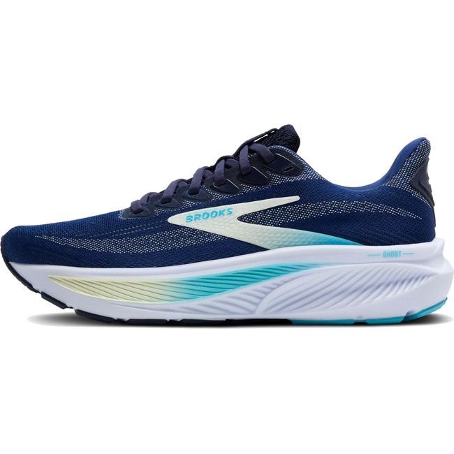 Medial side of Women's Brooks Ghost 17 Running Shoe in Navy, Green, and Turquoise