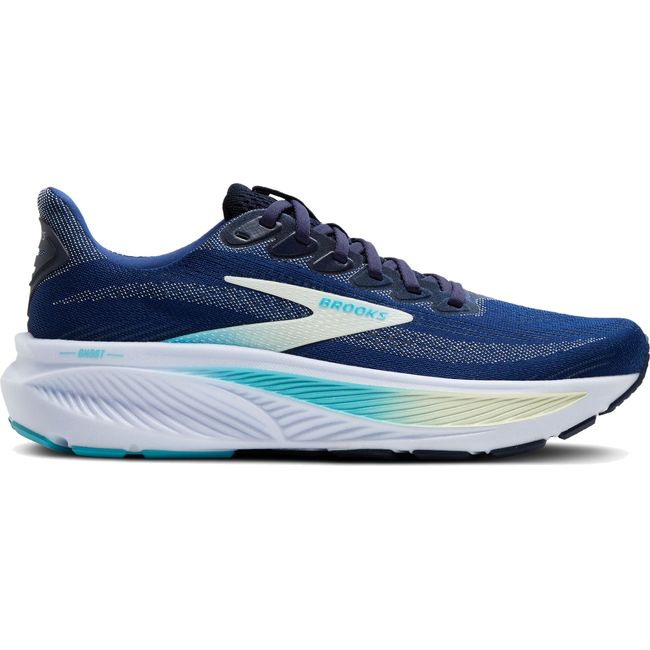 Lateral side of Women's Brooks Ghost 17 Running Shoe in Navy, Green, and Turquoise