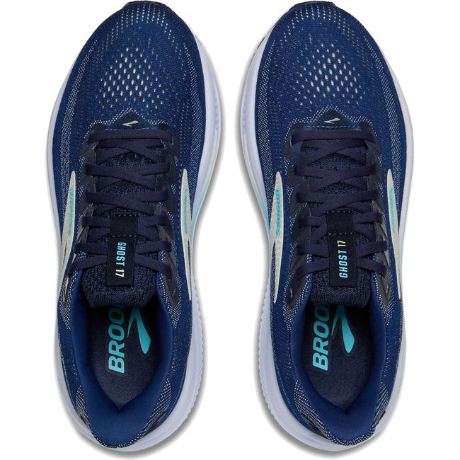 Lace up upper of Women's Brooks Ghost 17 Running Shoes in Navy, Green, and Turquoise