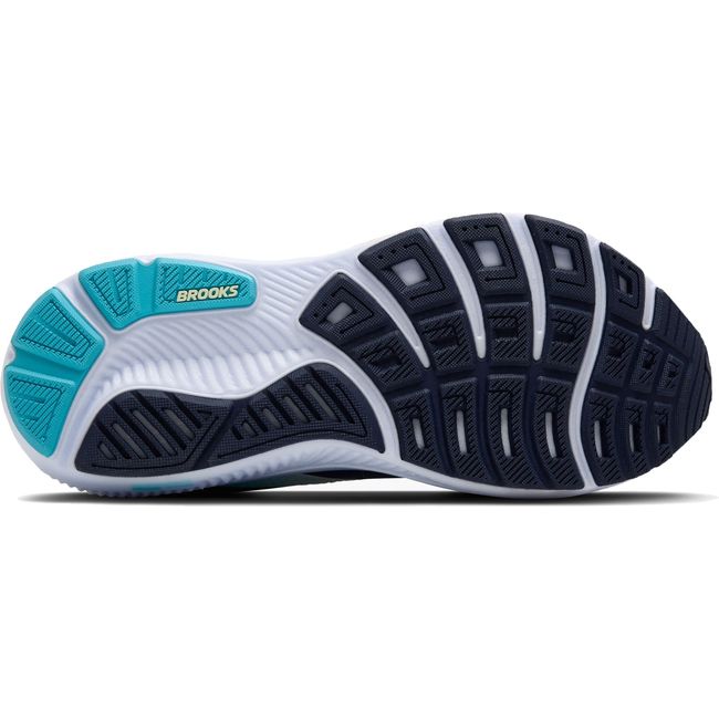 Sole of Women's Brooks Ghost 17 Running Shoe in Navy, Green, and Turquoise