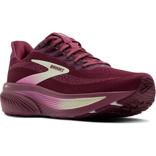 Angled view of Brooks Women's Ghost 17 Running Shoe in Burgundy Red, Pink, Green