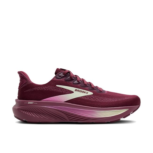Lateral side of Brooks Women's Ghost 17 Running Shoe in Burgundy Red, Pink, Green