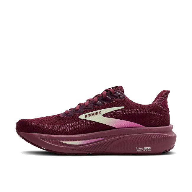 Medial side of Brooks Women's Ghost 17 Running Shoe in Burgundy Red, Pink, Green